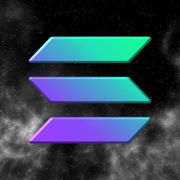 A stylized, three-tiered gradient logo (teal, purple, and blue stacked parallelograms) appears against a cosmic starry background, symbolizing the Solana blockchain branding. The image accompanies a post about Solana's Anatoly Yakovenko acknowledging Cardano's Charles Hoskinson and their respective tokens $SOL and $ADA.