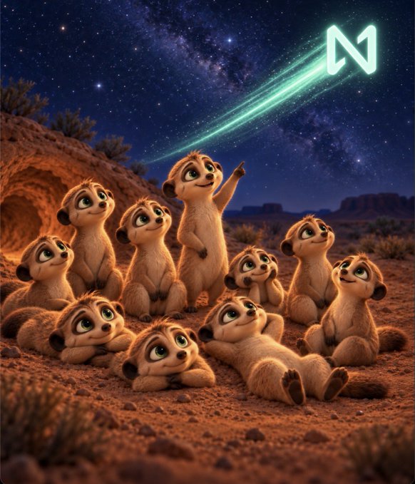 An AI-generated image showing a group of meerkats gazing up at a shooting star in the night sky that forms a Near Protocol (NEAR) logo.