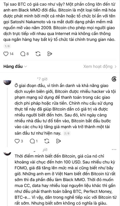 The image shows a Vietnamese social media thread discussing why Bitcoin (BTC) has such a high price, with a reply from a "Black MMO veteran" explaining that they knew about Bitcoin early on when it was valued at just a few dozen dollars but didn't become rich because they only used it for transactions rather than investing. The post reflects the sentiment that "knowing about Bitcoin early doesn't necessarily mean getting rich," as the commenter treated it as a payment tool rather than an investment asset.