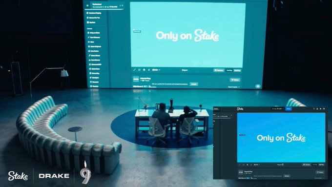 A large screen displaying "Only on Stake" alongside a web browser showing the same platform page dominates the stage of a sleek gaming lounge, with two people seated at a table in the center. The curved seating arrangement and branded backdrop featuring "Stake," "Drake," and a "9" emblem highlight Stake's vast gaming selection, aligning with the caption "3000+ games. Too many to choose from."