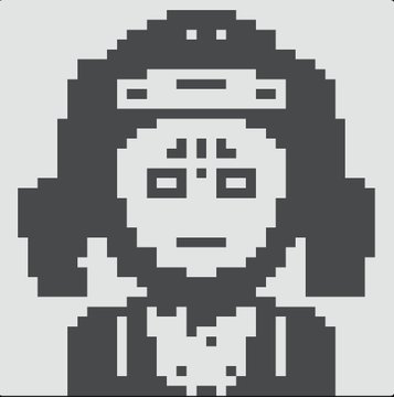 A pixelated gray-scale portrait of a hooded character with a headband and distinctive facial markings.