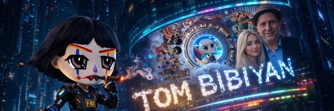 A colorful banner featuring a chibi-style animated character with black hair smoking a cigar, alongside photos of a couple and the text "TOM BIBIYAN" displayed in lights.