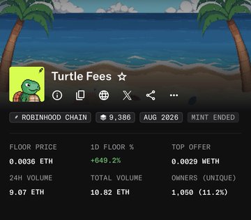 A pixel art beach scene with palm trees displaying NFT collection details for 'Turtle Fees' on the Robinhood Chain, showing a floor price of 0.0036 ETH and 1,050 owners.