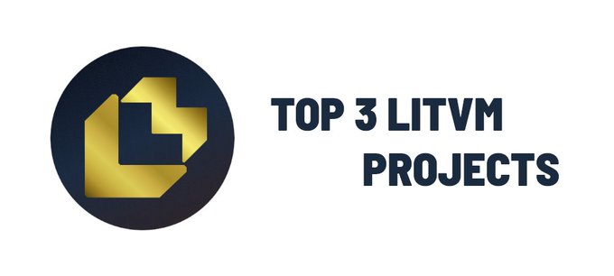 The image features a LitVM logo (a gold geometric symbol inside a dark navy circle) alongside the bold text "TOP 3 LITVM PROJECTS." It serves as a graphic prompt inviting the community to share their favorite top three LitVM dapps in the comments.