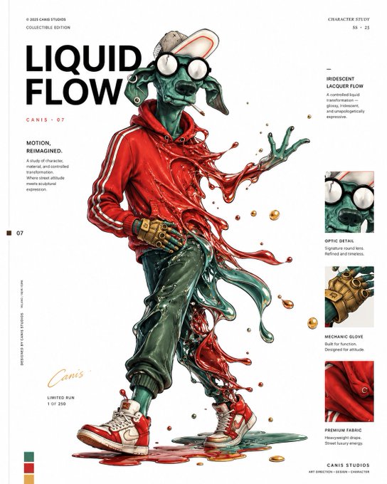 An artistic character design poster titled 'LIQUID FLOW' by CANIS Studios features a figure in a red hoodie and cap, with a liquefying red substance flowing from its body, marked as 'LIMITED RUN 1 OF 250' and 'CANIS • 07'.