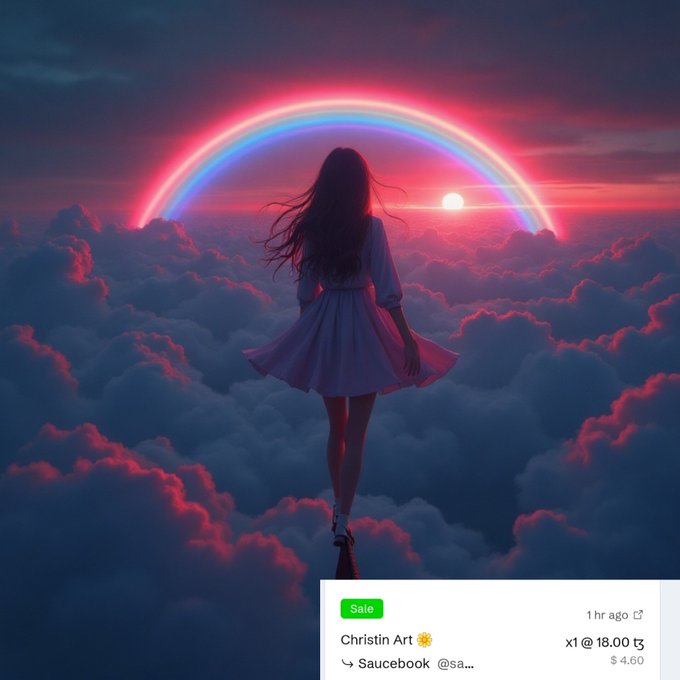 A digital artwork by Christin Art showing a girl in a white dress standing on clouds looking at a sunset rainbow, posted on Saucebook with 'x1 @18.00 tç' and '$4.60'.