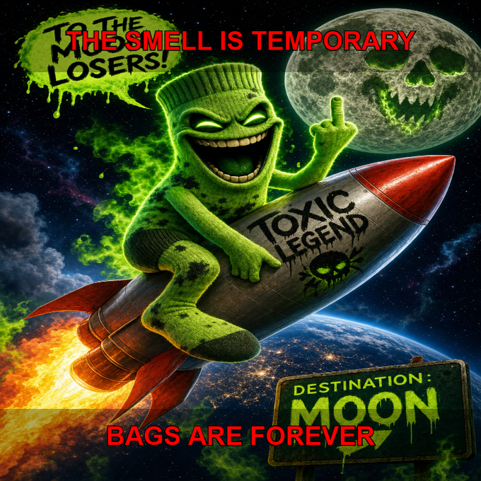 A cartoonish green toxic sock monster rides a 'TOXIC LEGEND' rocket toward a skull-faced moon, with text reading 'TO THE LOSERS!', 'THE SMELL IS TEMPORARY', and 'BAGS ARE FOREVER' next to a 'DESTINATION: MOON' sign.