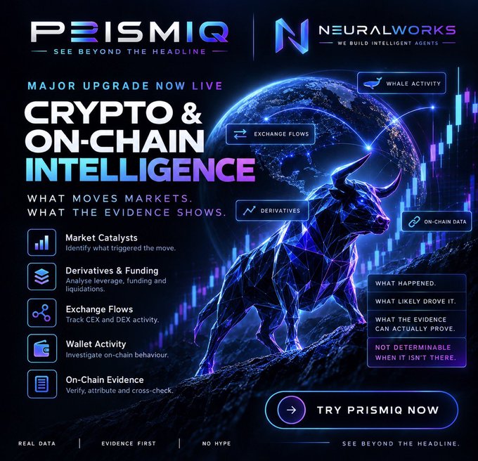 A promotional graphic for 'PRISMIQ | NEURALWORKS' advertising 'CRYPTO & ON-CHAIN INTELLIGENCE', featuring a polygonal blue bull and a globe surrounded by data labels like 'WHALE ACTIVITY', 'EXCHANGE FLOWS', and 'DERIVATIVES'.