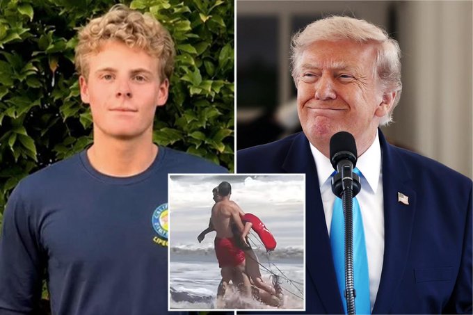 A collage features a young man in a lifeguard shirt on the left, a photo of two people in the ocean on the bottom, and Donald Trump speaking at a podium on the right. The image relates to the post by visually representing the "Ryder" (likely the young man) and suggesting a connection to political figures and potentially a speculative investment opportunity based on this association.