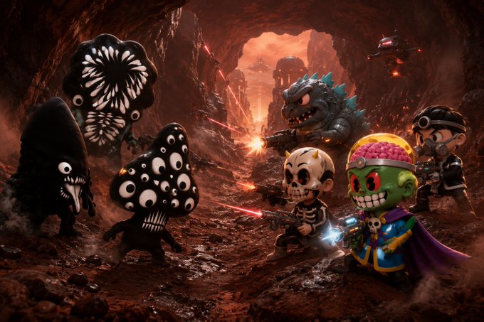 A dramatic battle scene featuring stylized skeleton and zombie-like characters wielding weapons against dark, eye-covered monster creatures in a fiery cave setting.