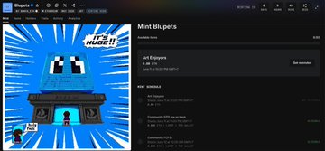 The image shows a computer screen displaying a page from a social media platform called "It's Blupets". The main focus of the image is an illustration featuring a blue cube with eyes, accompanied by text that reads "It's Blupets" and "Mint Bluppets". Below this, there are two posts on the platform: one post titled "Art Energies" and another post titled "8.5 GTD & 2 FCFS Hope i can get all Good luck guys". The image also includes a small cartoon character of a person with a backpack.