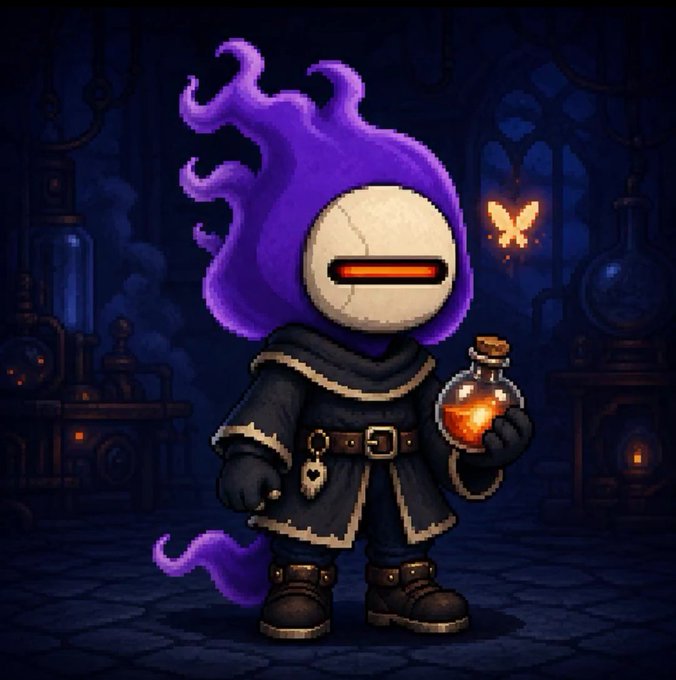 A pixel art character illustration featuring a hooded figure with purple flame-like hair and robe, wearing a white mask with a red horizontal visor, holding a glowing orange potion bottle in a dark gothic setting with a yellow butterfly.