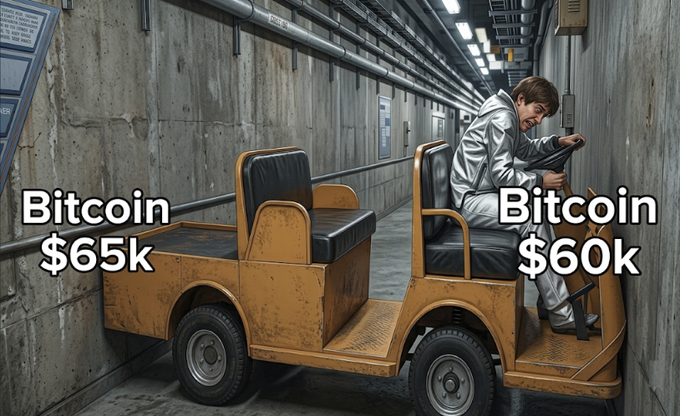A surreal image of a man in a silver suit driving a yellow industrial cart in a corridor, labeled 'Bitcoin $65k' on the left and 'Bitcoin $60k' on the right.