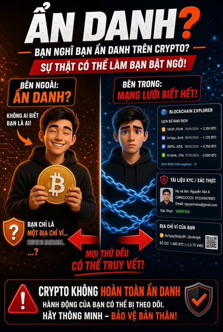 A Vietnamese-language infographic warning about cryptocurrency anonymity titled 'ẨN DANH?' (Anonymous?), showing a contrast between an 'outside' view of anonymity and an 'inside' view of the blockchain exposing wallet addresses and transactions, stating 'Mọi thứ đều có thể truy vết!' (Everything can be traced).