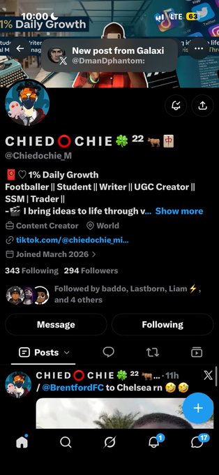 A TikTok profile screenshot of "CHIEDOCHIE" (@chiedochie.m) showing 343 Following and 294 Followers, bio listing roles as Footballer, Student, Writer, UGC Creator, SSM, and Trader, with a recent post about BrentfordFC vs Chelsea.