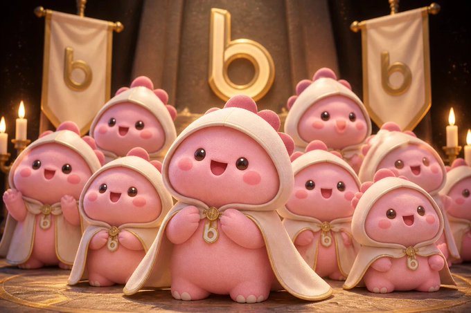 A 3D-rendered illustration of a group of cute, pink mascot characters wearing white hooded cloaks with gold trim, standing in front of banners displaying a stylized 'b' logo and lit candles.