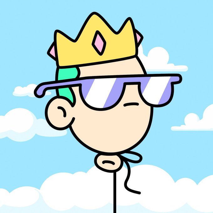 A cartoon illustration of a character's head wearing a yellow crown with pink gems, a white and purple visor, and a green strap, set against a blue sky with white clouds.