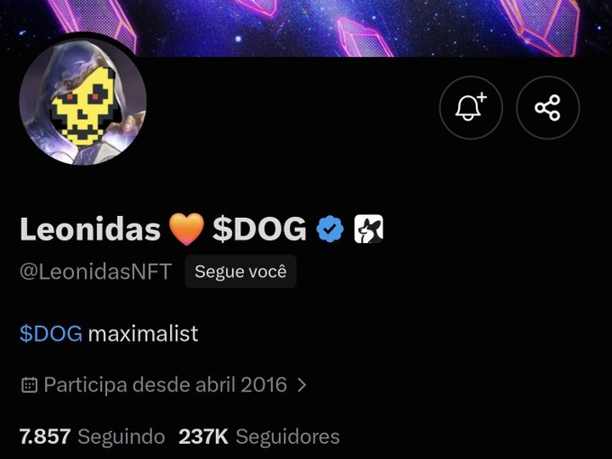 A Twitter/X profile page for 'Leonidas ❤️ $DOG' (@@LeonidasNFT), a '$DOG maximalist' who joined in April 2016, with 237K followers and 7,857 following.