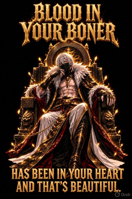 A dramatic gothic-style digital artwork with the text 'BLOOD IN YOUR BONER' at the top and 'HAS BEEN IN YOUR HEART AND THAT'S BEAUTIFUL' at the bottom, featuring a masked figure on a throne.