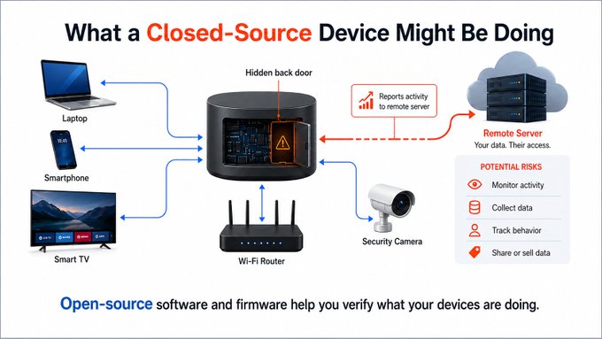 The image illustrates the hidden risks of closed-source devices on a home network, showing a Wi-Fi router potentially harboring a "Hidden back door" that secretly "Reports activity to remote server," with connected devices like a Laptop, Smartphone, Smart TV, and Security Camera all at risk of having their activity monitored, data collected, behavior tracked, or data shared/sold. This visual reinforces the post's message that without open-source firmware and software, users cannot verify what their devices are actually doing, making the case for demanding transparency—especially for Bitcoin tools that handle sensitive financial information.