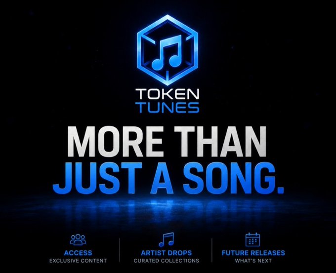 A promotional graphic for Token Tunes featuring a blue hexagon logo with a musical note, accompanied by the tagline "MORE THAN JUST A SONG" and three highlighted features: "Access - Exclusive Content," "Artist Drops - Curated Collections," and "Future Releases - What's Next." The image visually reinforces the post's emphasis on how Token Tunes offers additional value beyond simple song ownership through curated access and future releases.