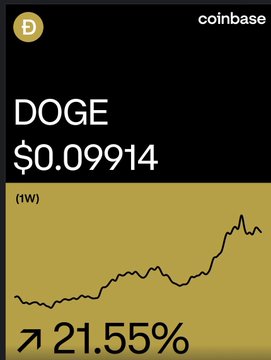 A Coinbase price chart shows DOGE (Dogecoin) priced at $0.09914, up 21.55% over 1 week.