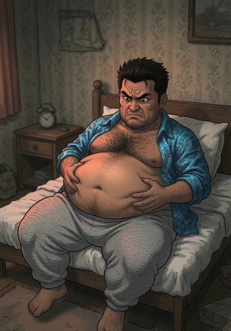 The image features a man sitting on a bed with his stomach exposed while wearing a blue shirt and gray sweatpants. The man appears to be angry or upset about something, possibly related to his current situation. The room has a window that allows natural light in, creating an atmosphere of solitude and contemplation.