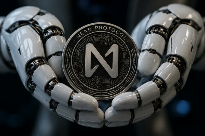 A close-up image shows robotic white hands cradling a silver coin engraved with the 'NEAR PROTOCOL' logo and an 'N' symbol.