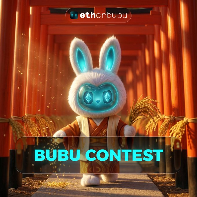 A whimsical animated creature mascot with a blue hood stands on a path in a foggy landscape, with banners reading "SCAN-INDEX >> SHEET 181 of 185" at the top, accompanying a post about the "BUBU Contest" detailing prize distribution and community event plans.