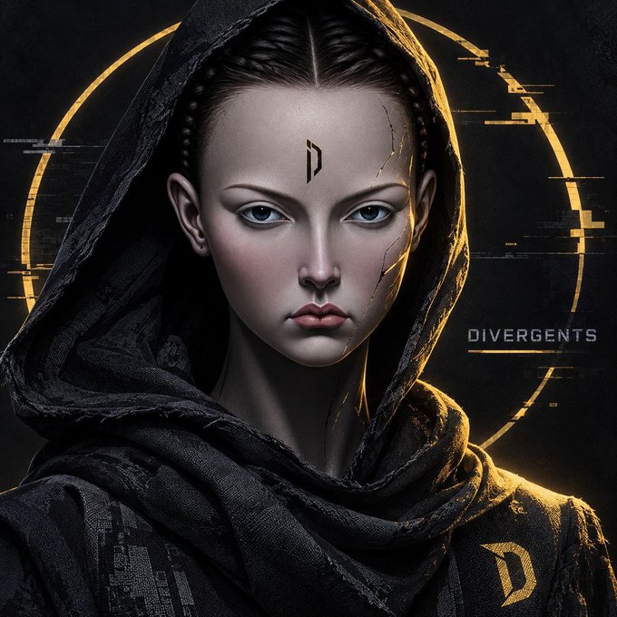 A dark fantasy-style digital illustration of a hooded woman with braided hair, a 'D' symbol on her forehead, with the text 'DIVERGENTS' displayed beside her.