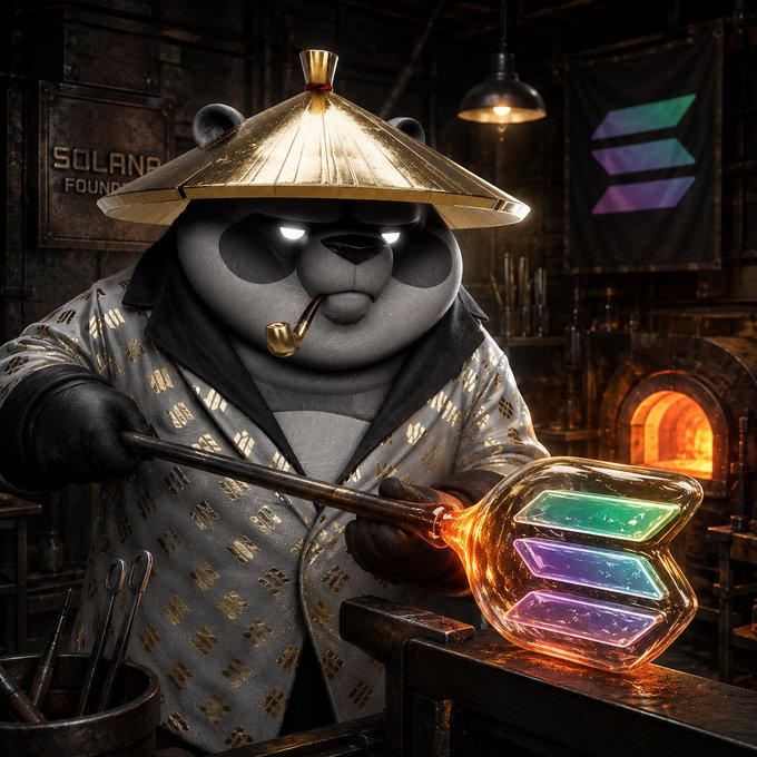 A panda artisan in a conical straw hat works molten glass over a glowing furnace, crafting a shimmering "S"-shaped sculpture—evoking Solana's logo—while a banner in the background bears its name, visually tying the message of patient craftsmanship to the spirit of the SOL token.