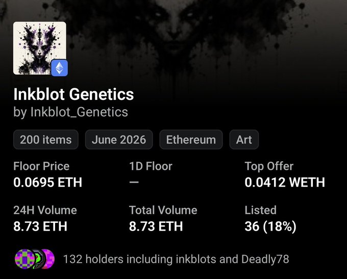 In the image, there is a social media post from a collection named '@InkgeneticsNFT', which features multiple attributes like the floor, price, eth, and total volume. The post seems to be about floor options for an auction related to Etherum, as indicated by the comments section containing people talking about this specific collection and some users are expressing their displeasure with the GTD being allocated more than it should be.