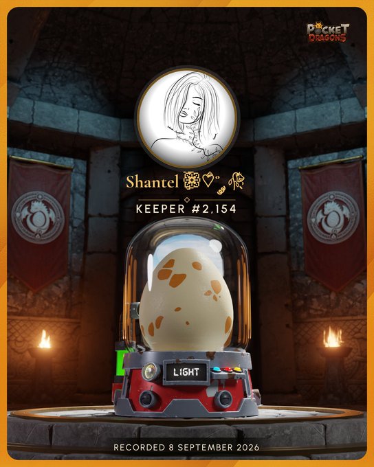 A 'Pocket Dragons' digital collectible card featuring a cream-colored speckled egg in a glass dome labeled 'LIGHT', owned by 'Shantel', 'KEEPER #2,154', recorded 8 September 2026.