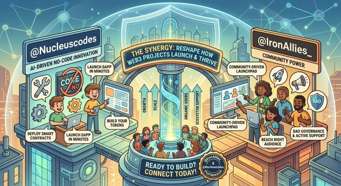 A colorful illustrated infographic promoting "THE SYNERGY: RESHAPE HOW WEB3 PROJECTS LAUNCH & THRIVE", featuring sections labeled "@Nucleuscodes" and "@IronAllies_".