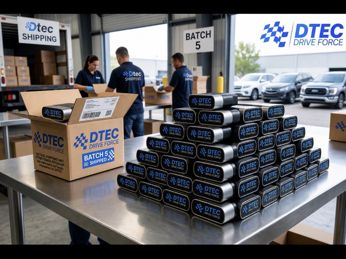 Workers in a warehouse handle shipping boxes branded 'DTEC DRIVE FORCE' while a pyramid of black product containers, also labeled 'DTEC DRIVE FORCE', sits on a metal table in the foreground.