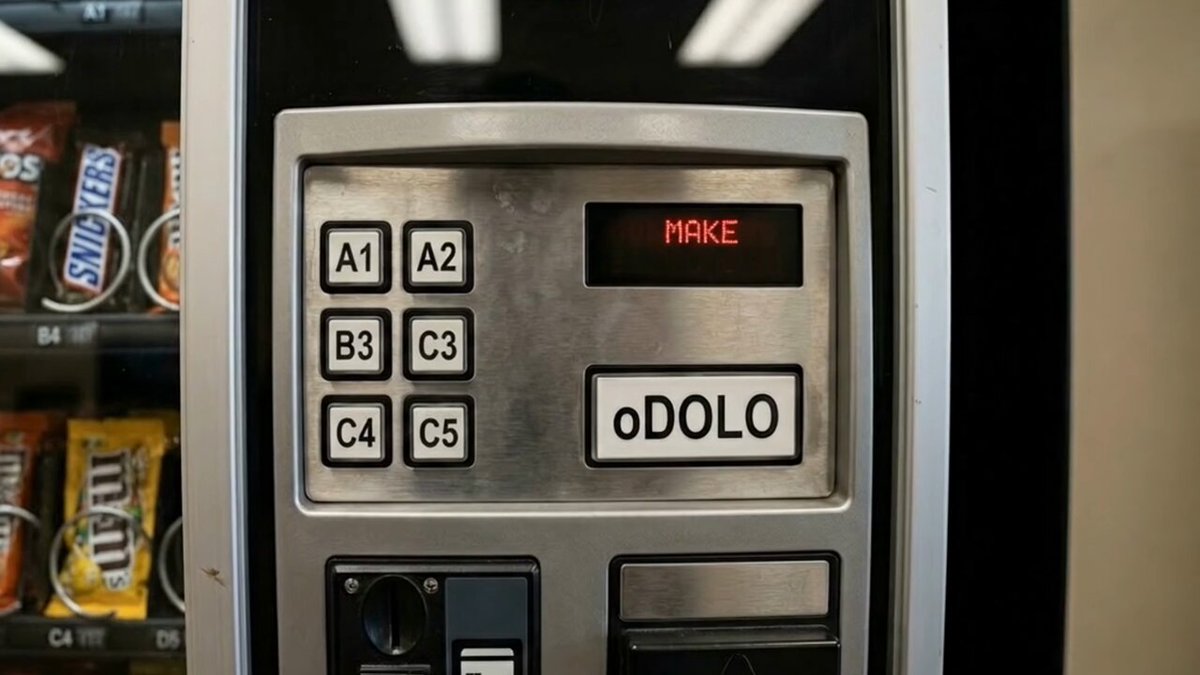 This image shows a close-up view of an automated vending machine dispensing Dolomato candies. The Dolomato symbol, a red circle with a white "o" inside, appears prominently on the front of the machine. A screen is visible above this symbol, displaying the word "MACKEN". Below the main display, there are various smaller labels providing information about the product. The vending machine dispenses Dolomato candies every Thursday, making them available to holders of several types of money, including HONEY, USDC, BERA, WBTC, and USD1.