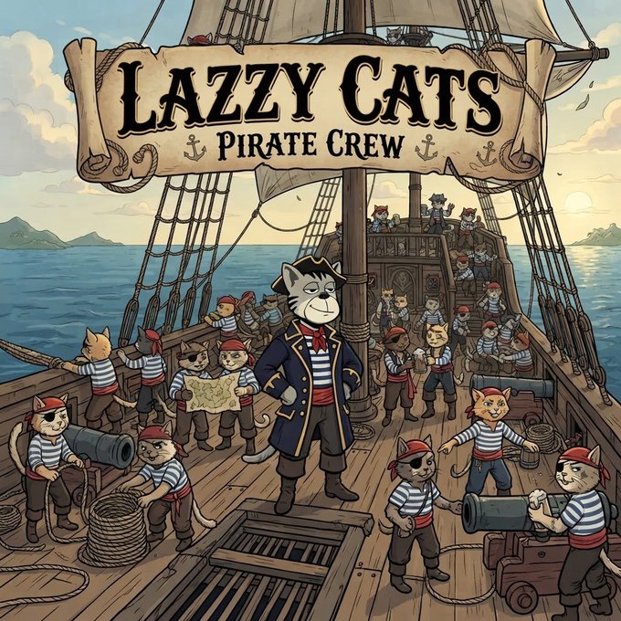 An illustrated cover art for "LAZZY CATS - PIRATE CREW" showing cartoon cats dressed as pirates on a wooden ship deck, with a captain cat at the center holding a map.