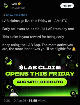 A tweet from @LABtrade_ announces the official "$LAB CLAIM OPENS THIS FRIDAY, AUG 14TH, 01:00 UTC" for early believers, garnering 36.5B views. The accompanying caption warns that the announcement, which highlights the "vested portion" of the airdrop, is a deceptive tactic used by scam projects like @cookiedotfun and @LABtrade_ to lure users.