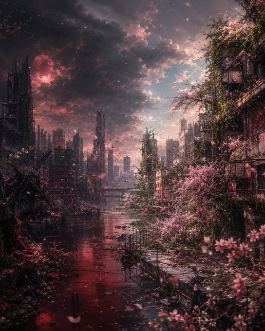 A post-apocalyptic cityscape with ruined skyscrapers, a pink and red cloudy sky, and pink cherry blossoms growing amid the debris along a river.