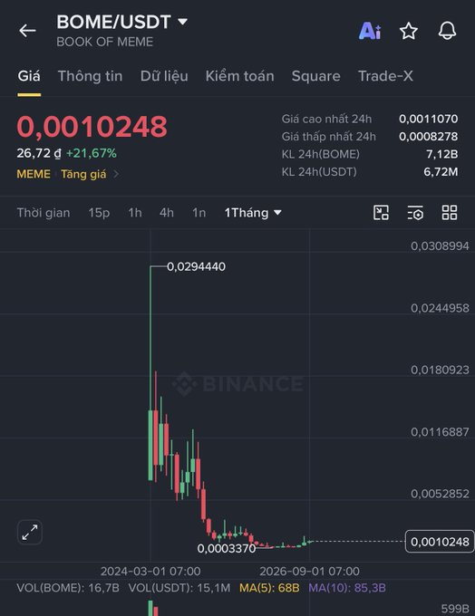 Binance trading chart for BOME/USDT (BOOK OF MEME) showing a current price of 0.0010248 with a 21.67% daily gain, depicting a dramatic spike to 0.0294440 followed by a steep decline over the 1-month timeframe.