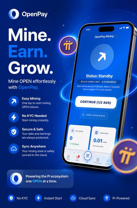 This is a promotional graphic for **OpenPay Mining**, featuring the tagline "Mine. Earn. Grow." alongside a smartphone mockup displaying the app interface with a "Status: Standby" screen showing 0.01 OPEN, 9 PI Browser, and 0% earnings rate. The ad highlights key features like Easy Mining, No KYC Needed, Secure & Safe, and Sync Anywhere, emphasizing the platform's role in powering the "Pi ecosystem one OPEN at a time"—directly tying into the post's message about making OPEN ecosystem participation simple and accessible.