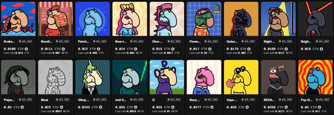 A grid of 20 NFT profile pictures from the "MansChads" collection, each priced at approximately 0.01 ETH with a "#3,382" supply indicator, displayed alongside their names like "Kraken," "Noodl.," "Patch.," and "REDA." The image aligns with the post's promotion of owning a 1/1 NFT, showcasing available unique character-based digital collectibles for purchase.