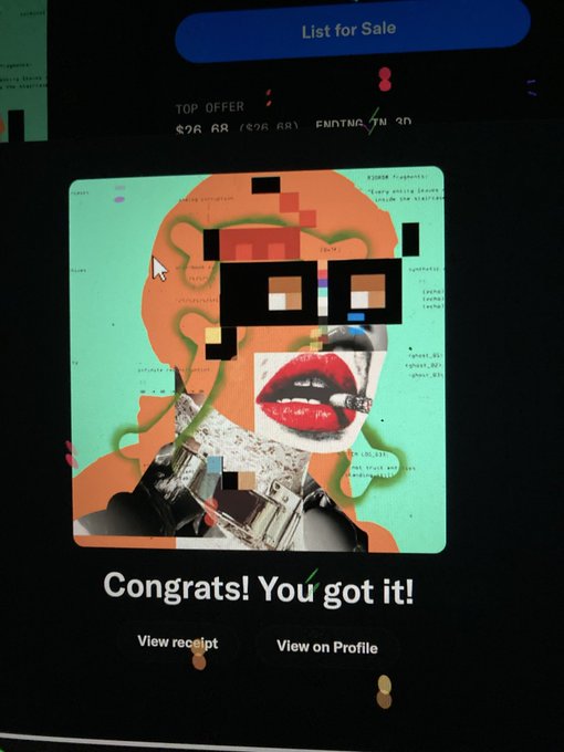 A digital screen showing an NFT marketplace with a pop-up that reads 'Congrats! You got it!' above options to 'View receipt' and 'View on Profile', featuring artwork with pixelated sunglasses over red lips.
