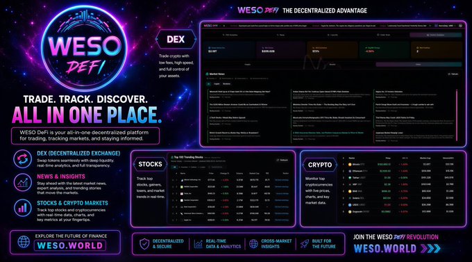 The image features a poster or flyer promoting a cryptocurrency called "WESO" (World Econometric Trading) with a focus on DeFi (Decentralized Finance). The poster highlights that the platform has handled over 322K in 24 hours, indicating its popularity and user engagement. It also mentions that the platform is available for trading on chains like Bitcoin Cash and Ethereum, which are supported by the community. The post encourages users to use WESO DeFi for the lowest fees and emphasizes the importance of community support and engagement in the world of cryptocurrency.