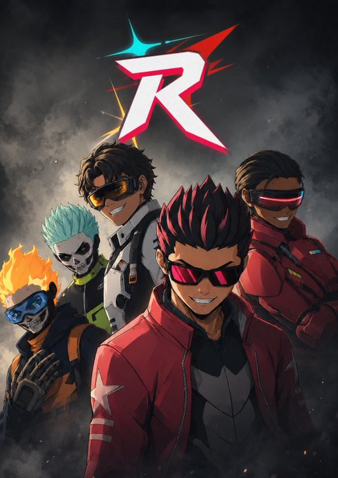 A stylized promotional illustration features five edgy characters—including a flame-headed figure, a skeletal-faced character with green hair, and three others in sunglasses and leather jackets—posed beneath a bold "R" logo with red and cyan accents. The artwork, credited to @Michelangel_art, aligns with the post's call to follow the Racerz NFT project, highlighting its community-driven branding and links to its Discord and OpenSea collection.