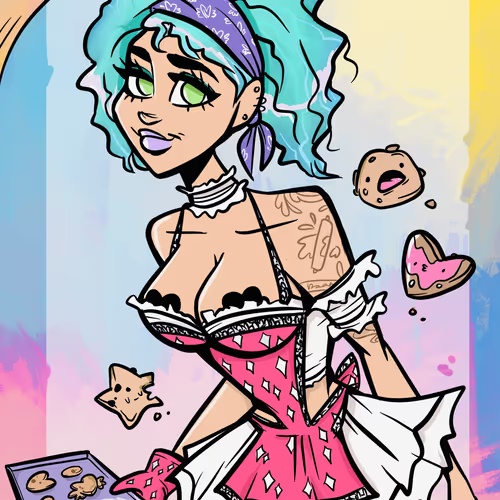 Cartoon-style illustration of a woman with teal hair and a purple bandana wearing a pink dress, holding a tray of cookies with a donut-shaped character in the background.