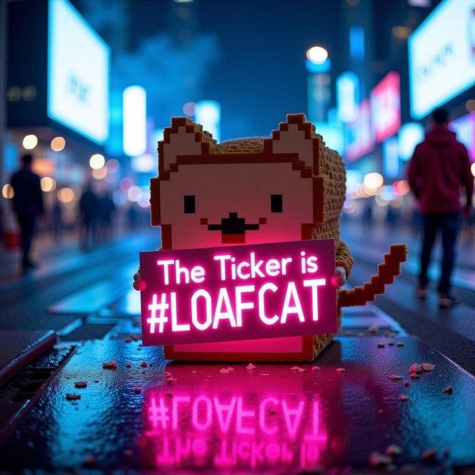 A pixelated, loaf-shaped cat figurine holding a glowing pink sign that reads 'The Ticker is #LOAFCAT' sits on a wet city street at night with neon lights reflecting on the pavement.