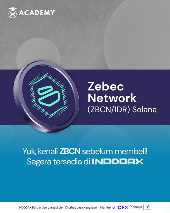 Promotional graphic for INDODAX Academy announcing that Zebec Network (ZBCN) will be listed and tradable in IDR on the Solana blockchain, with text reading "Yuk, kenali ZBCN sebelum membeli! Segera tersedia di INDODAX."