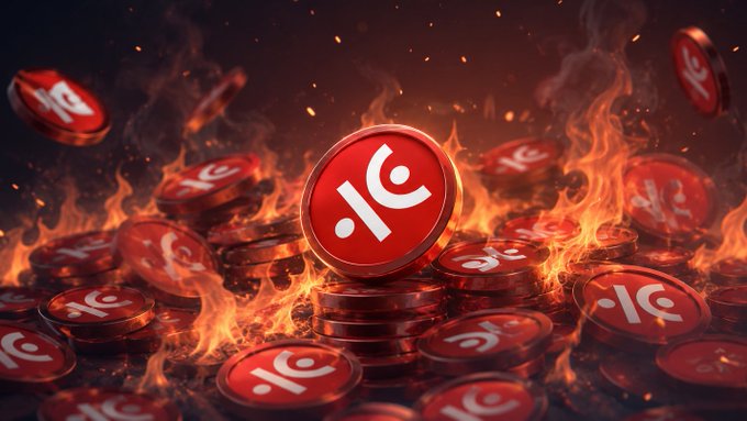 Stylized 3D render of red crypto coins with a logo engulfed in flames and sparks, suggesting burning or token destruction.