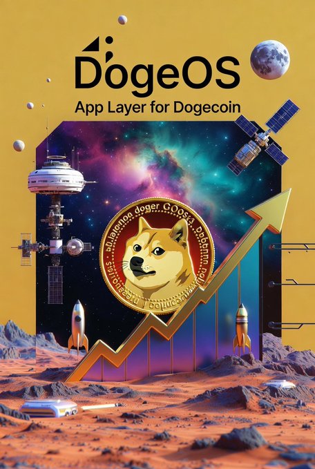 A promotional graphic for "DogeOS - App Layer for Dogecoin" featuring the iconic Shiba Inu Doge coin against a space-themed background with satellites, rockets, and an upward-trending arrow, visually reinforcing the post's claim that DogeOS will disrupt the crypto industry, associated with the $DOGE ticker and #DogeOS hashtag.